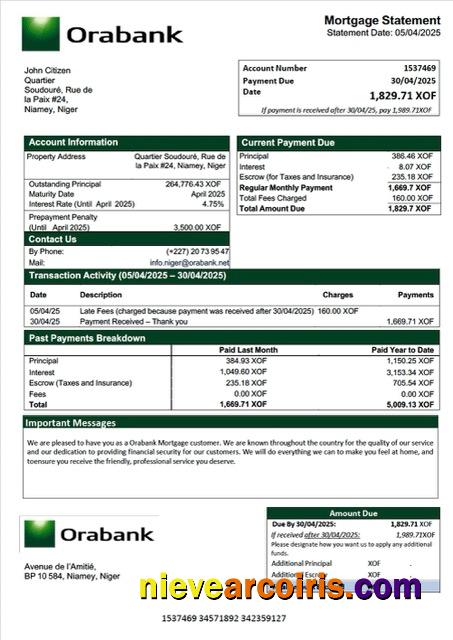 Niger Orabank mortgage statement Word and PDF template